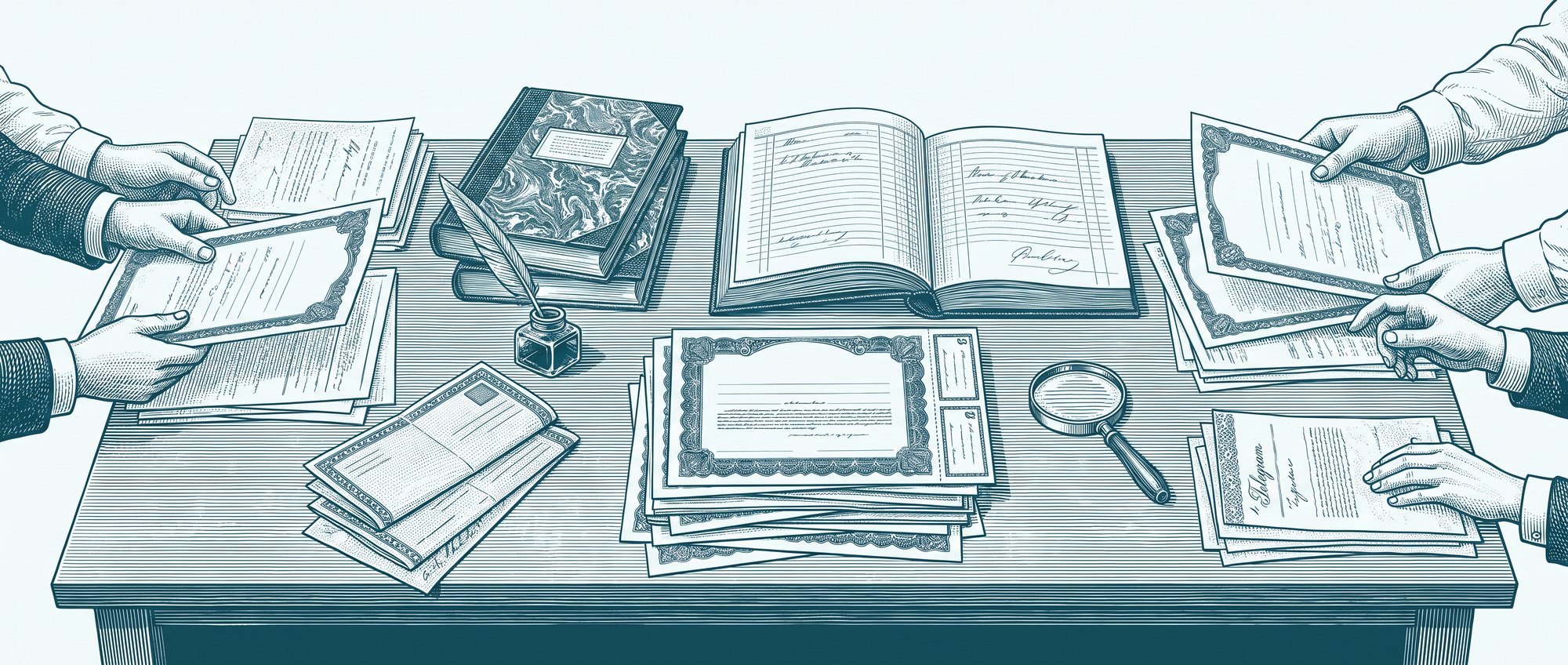 Papers passing from hand to hand. Illustration in the engraving style of the period, not a document.