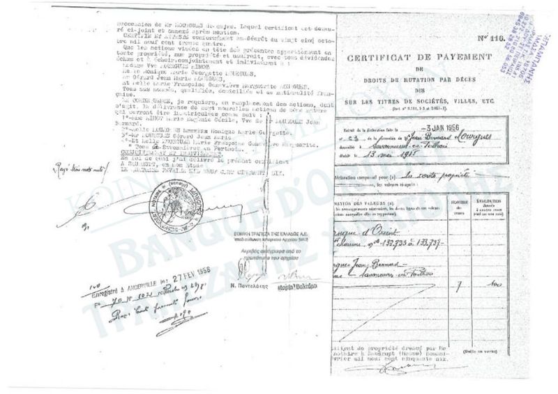 French certificate of payment of inheritance tax on seven Banque d'Orient shares