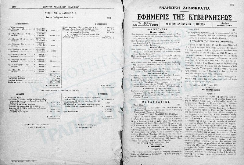Ο δεμένος τόμος του Δελτίου Ανωνύμων Εταιρειών του 1932 στη Βιβλιοθήκη της Βουλής: από τη σελίδα 1580 περνά στη 1597. Το φύλλο με τη σύμβαση συγχώνευσης έχει αφαιρεθεί.
